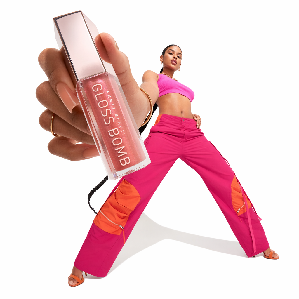 AI-generated low-angle fashion campaign photograph featuring Fenty Beauty Gloss Bomb